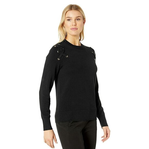New! MICHAEL KORS Women's Grommet Lace-up Black Sweater Cotton-Blend Size Small - Picture 7 of 8